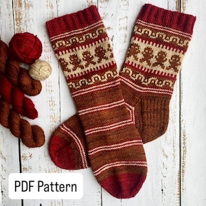 Peut inclure: Paire de chaussettes tricotées avec un motif de bonhommes en pain d'épices et des motifs géométriques, dans des tons de marron, rouge et beige. Le texte "PDF Pattern" est affiché dans un encadré blanc en bas de l'image.