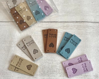 Faux suede sew on ‘Made with Love’ tags. Perfect to add a finishing touch to handmade items