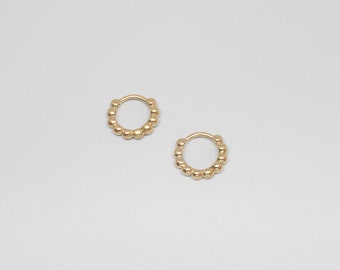 Narrow huggie hoop earrings with balls, recycled sterling silver 18K gold plated
