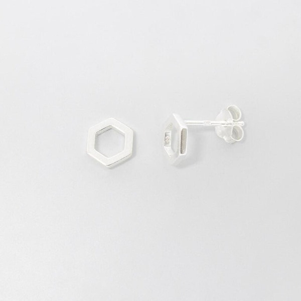 Stud earrings with open hexagon, recycled sterling silver 24K gold plated
