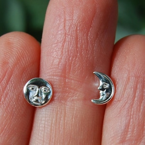 Sun Moon 925 Sterling Silver Stud Earrings, Tiny Moon Sun Studs, Sun and Moon Earrings, Celestial Earrings, Moon and Sun, Handmade Unique