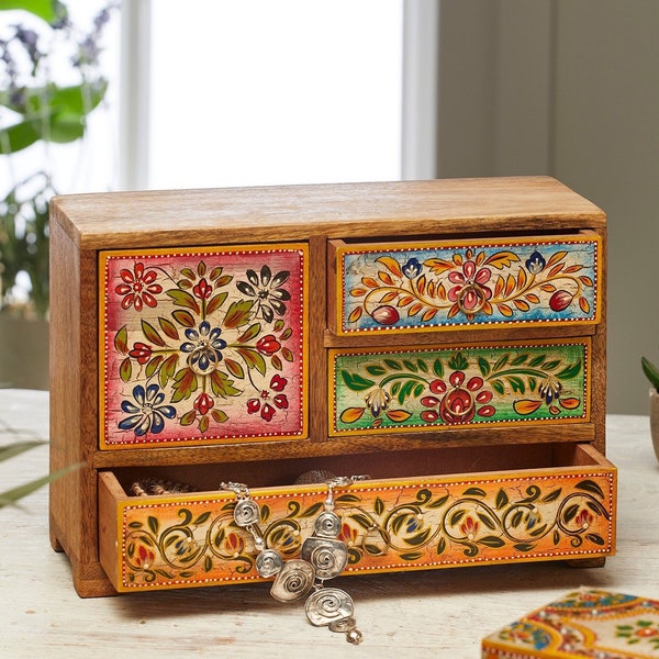 Floral Hand Painted Wooden Four-Drawer Mini Chest, Small Chest of Drawers, Mango Wood Chest, Indian Floral Chest, Boho Storage, Fairtrade