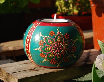 Hand Painted Wooden Round Tealight Holder, Turquoise Tealight holder, Mandala Tealight Holder, Mango Wood, Fair Trade, Teal Turquoise, Red