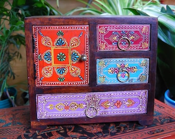 Hand Painted Wooden Jewellery Trinket Box, Indian Small Chest of Drawers, Hand Painted Spice Chest Box, Bohemian Decor,, Fair Trade