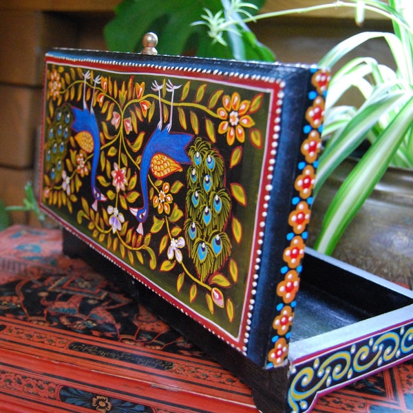 Hand Painted Wooden Jewellery Box, Indian Trinket Box, Hand Painted Peacock Lidded Box, Fair Trade, Wooden Jewellery Box, Thoughtful Gift