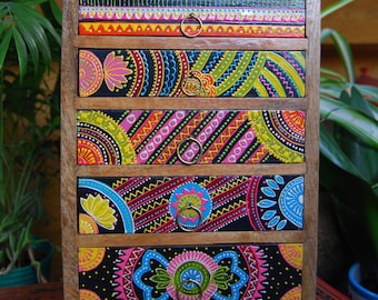 African Hand Painted Wooden Five-Drawer Mini Chest, Small Chest of Drawers, Handpainted Jewelry Box, Ethnic Jewellery Box, Fairtrade