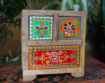 Hand Painted Wooden Three Drawer Jewellery Chest, Wooden Jewellery Box, Indian Trinket Box, Spice Drawers, Mango Wood, Fair Trade