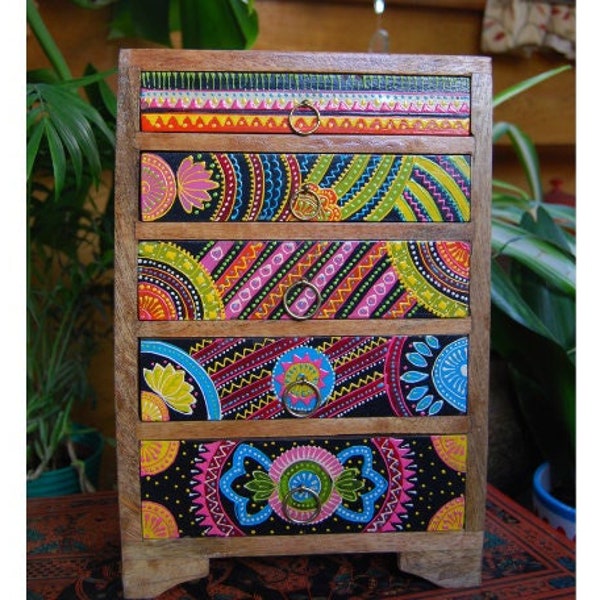 African Hand Painted Wooden Five-Drawer Mini Chest, Small Chest of Drawers