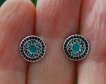 Bohemian Stud Earrings, Sterling Silver Turquoise Studs, Ethnic Studs, Tiny Earrings, Small Boho Stud Earrings, Silver Mandala Earrings