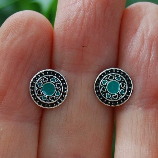 Bohemian Stud Earrings, Sterling Silver Turquoise Studs, Ethnic Studs, Tiny Earrings, Small Boho Stud Earrings, Silver Mandala Earrings