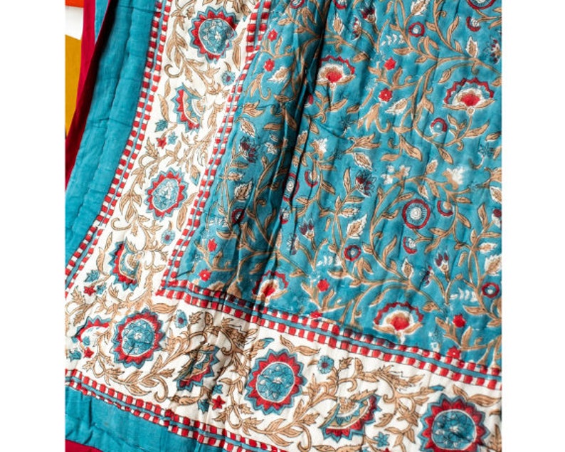 Handmade Indian Block Print Quilt, Block Print Jaipuri Quilt Single, Fairtrade Indian Quilt, Reversible Cotton Floral Quilt, Handmade Quilt image 1