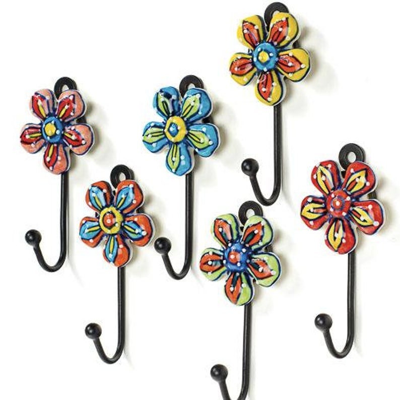 Hand Painted Daisy Wall Hook, Fairtrade Decor, Decorative Hooks, Coat Hook, Kitchen Hooks, Bathroom Hook, Hallway Hook, Wall Hook for Plants image 1