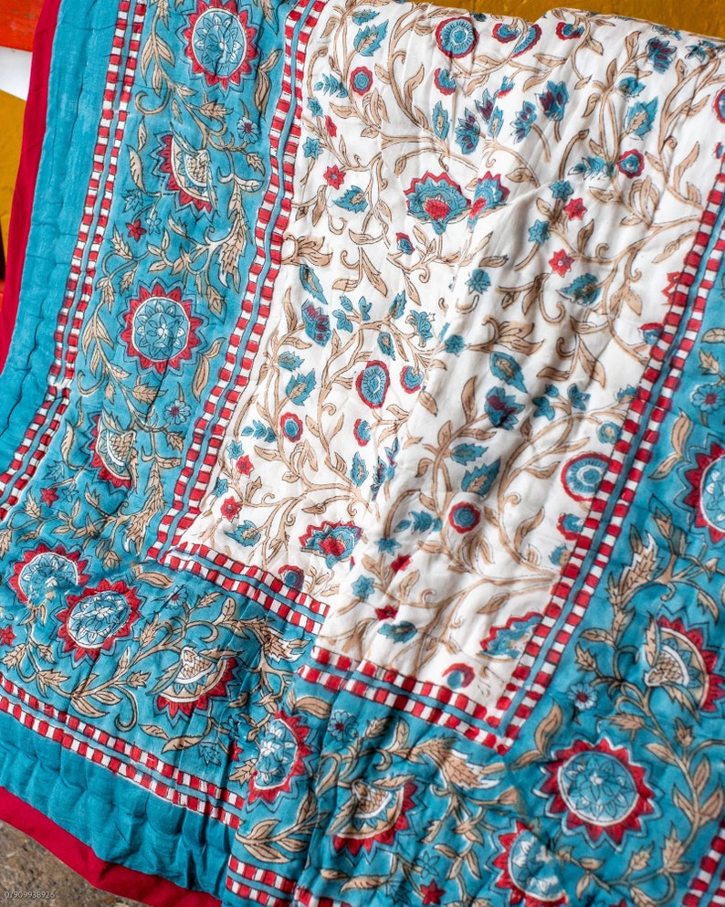 Handmade Indian Block Print Quilt, Block Print Jaipuri Quilt Single, Fairtrade Indian Quilt, Reversible Cotton Floral Quilt, Handmade Quilt image 3