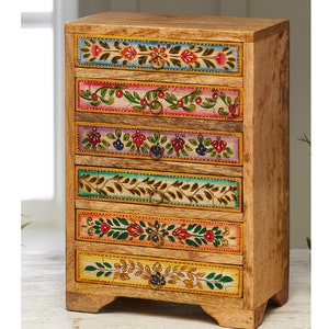 Floral Hand Painted Wooden Six-Drawer Mini Chest, Small Chest of Drawers, Mango Wood Chest, Indian Floral Chest, Boho Storage, Fairtrade