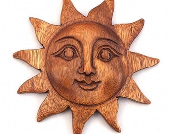 ガーナ　丸顔の太陽月　木製の顔彫刻 アートオブジェ 太陽と月の装飾、月の顔、木製の太陽の顔、木製の太陽と月の壁アート