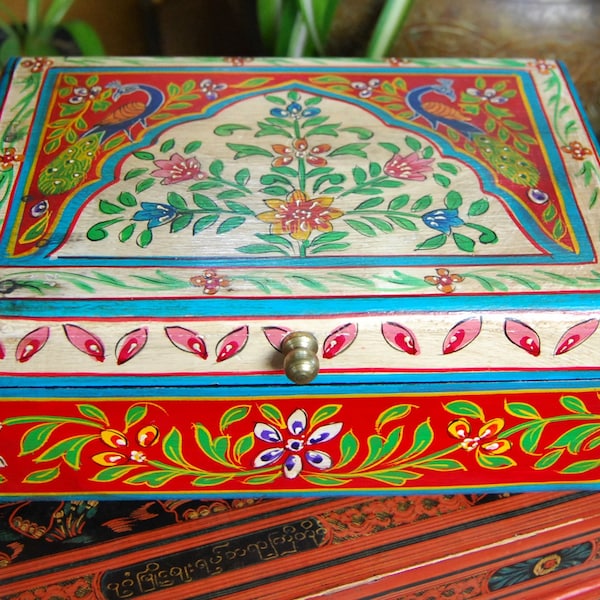 Hand Painted Wooden Jewellery Box, Floral Hand Painted Box, Hand Painted Lidded Box, Bohemian Jewellery Box, Handpainted Peacock Box