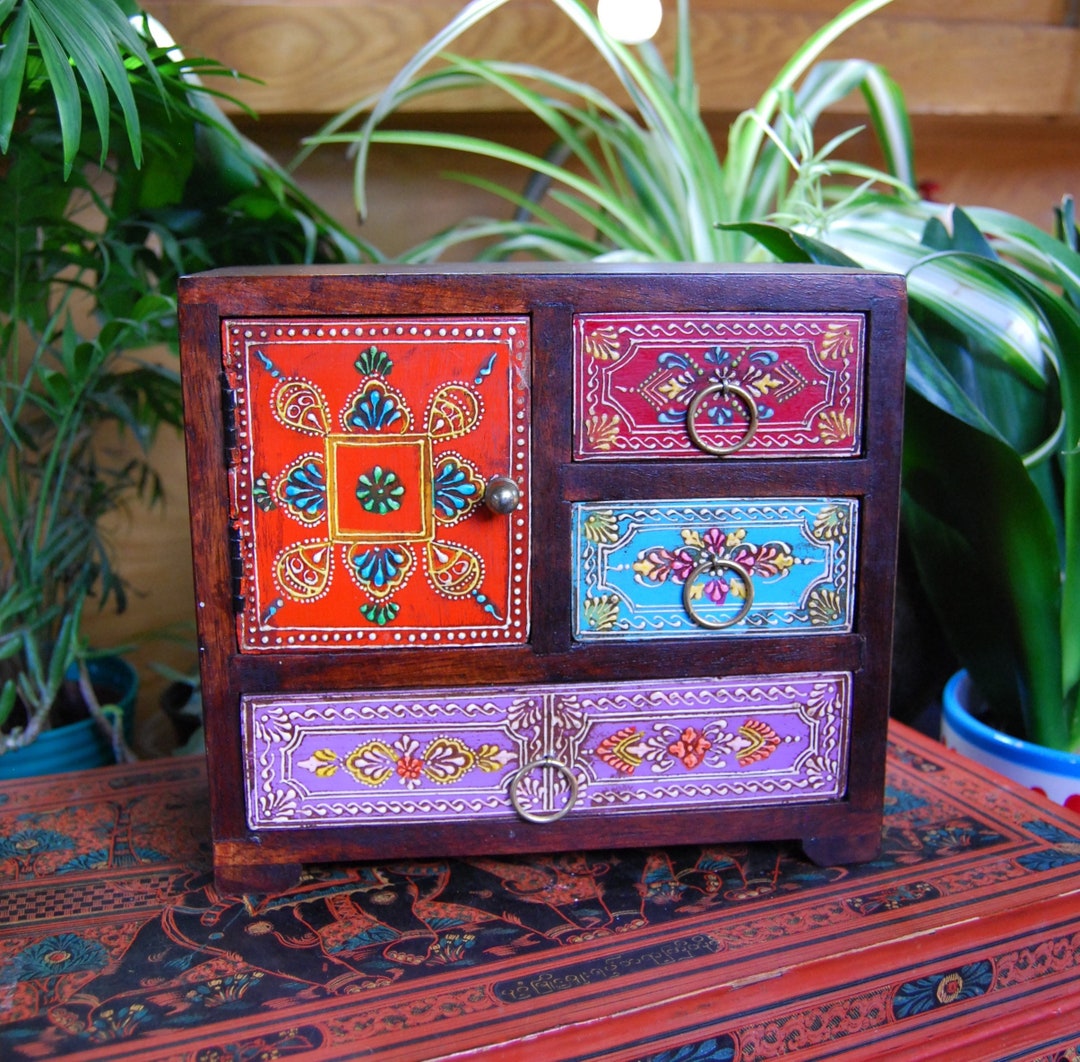Hand Painted Wooden Jewellery Trinket Box Indian Small Chest Etsy