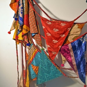 Very Long Bunting 7 Metres, Sari Bunting with Pompoms, Recycled Bunting, Handmade Bunting, Wedding Bunting Flags, Party Bunting, Fairtrade
