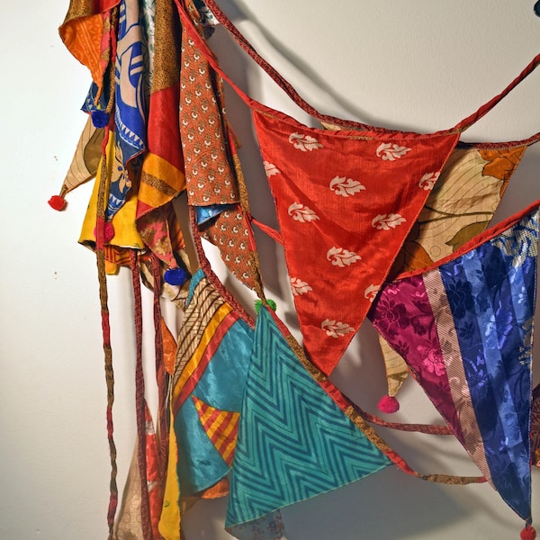 Very Long Bunting 7 Metres, Sari Bunting with Pompoms, Recycled Bunting, Handmade Bunting, Wedding Bunting Flags, Party Bunting, Fairtrade