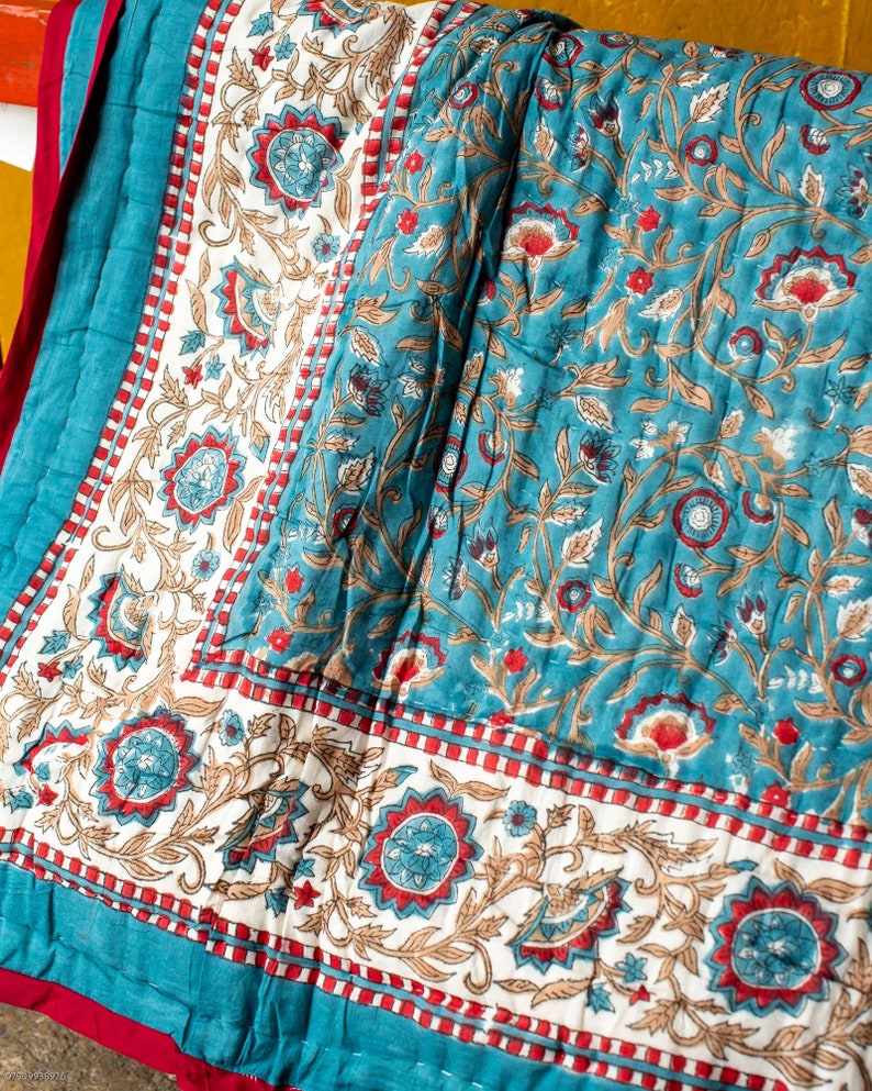 Handmade Indian Block Print Quilt, Block Print Jaipuri Quilt Single, Fairtrade Indian Quilt, Reversible Cotton Floral Quilt, Handmade Quilt image 2