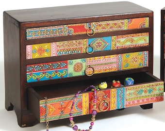 Hand Painted Wooden Four-Drawer Mini Chest, Small Chest of Drawers, Mango Wood Chest, Indian Chest, Boho Storage, Fairtrade Sustainable Gift