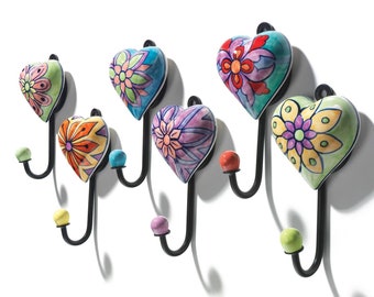 Hand Painted Heart Ceramic Hook, Fairtrade, Decorative Hook, Coat Hook, Unique Key Holder, Bathroom Hook, Hallway Hook, Wall Hook for Plants