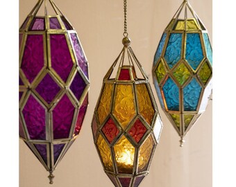 Moroccan Hanging Lantern, Boho Hanging Lantern, Outdoor Hanging Lantern, Colourful Glass Lamp, Morocco Lantern, Hanging Lantern Light