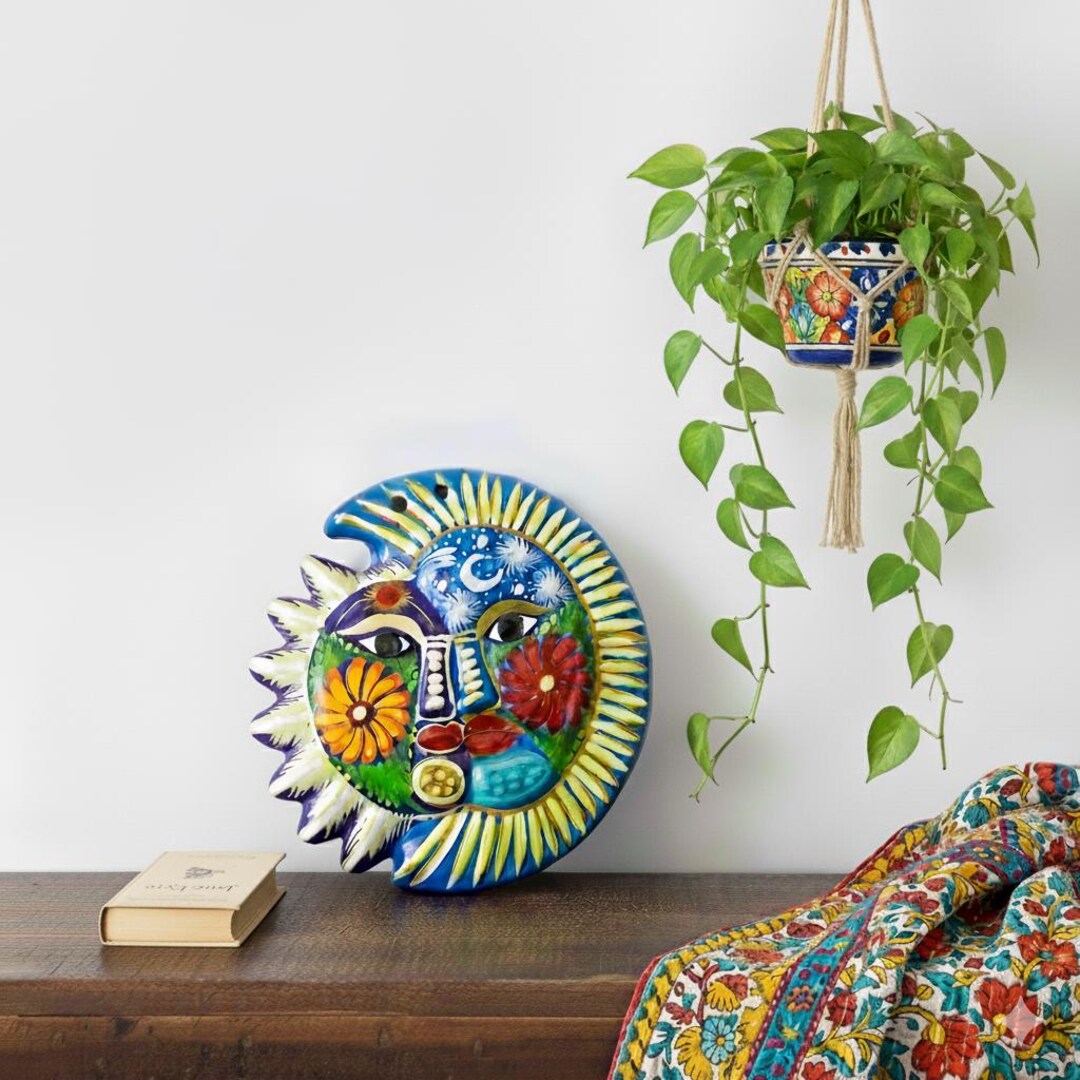Talavera Sun and Moon Wall Art, Mexican Ceramic Celestial Plaque