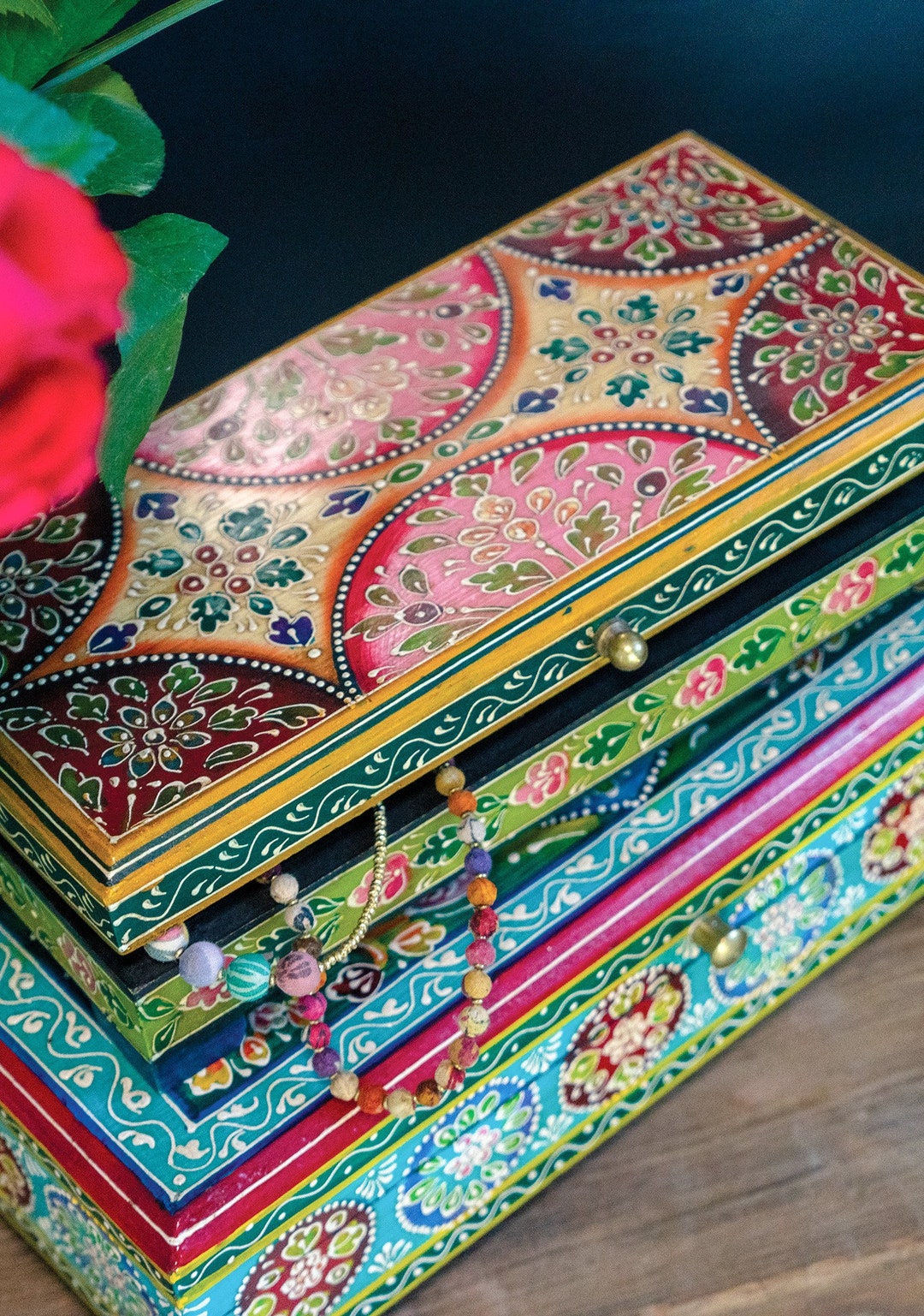 Hand Painted Wooden Jewellery Box, Hand Painted Lidded Box, Bohemian