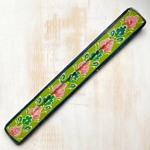 Green Hand Painted Wooden Incense Stick Holder, Incense Burner, Incense Stick Holder, Ash Catcher, Bohemian Home, Floral Incense Holder