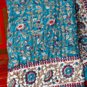 Handmade Indian Block Print Quilt, Block Print Jaipuri Quilt Single, Fairtrade Indian Quilt, Reversible Cotton Floral Quilt, Handmade Quilt image 5