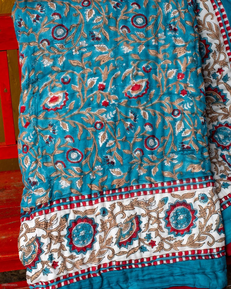 Handmade Indian Block Print Quilt, Block Print Jaipuri Quilt Single, Fairtrade Indian Quilt, Reversible Cotton Floral Quilt, Handmade Quilt image 5