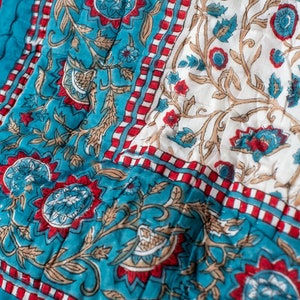 Handmade Indian Block Print Quilt, Block Print Jaipuri Quilt Single, Fairtrade Indian Quilt, Reversible Cotton Floral Quilt, Handmade Quilt image 4