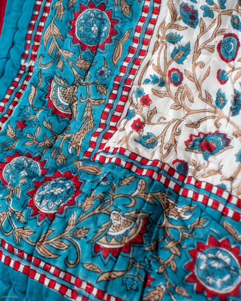 Handmade Indian Block Print Quilt, Block Print Jaipuri Quilt Single, Fairtrade Indian Quilt, Reversible Cotton Floral Quilt, Handmade Quilt image 4
