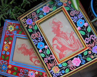 Hand Painted Wooden Photo Frame in Three Colours, Red, Turquoise and Black, Fair Trade, Bohemian Photo Frame, Fair Trade Home, Floral