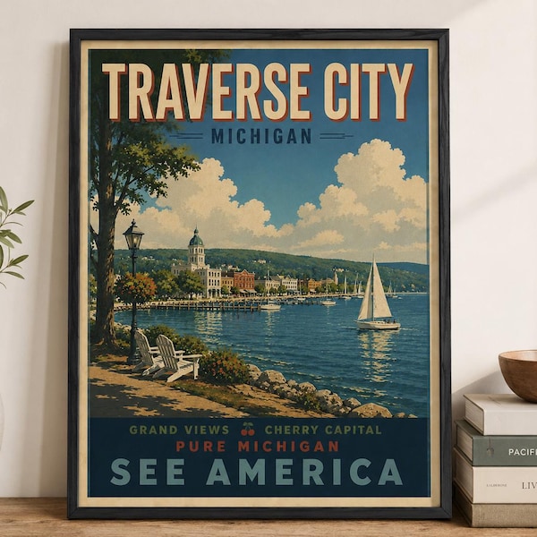 Traverse City Michigan Vintage Travel Poster | Lake Michigan Canvas Print | Cherry Capital Decor
