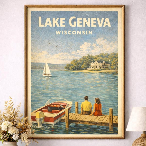 Lake Geneva Wisconsin Canvas Print | Vintage Travel Poster, Mid-Century Wall Art