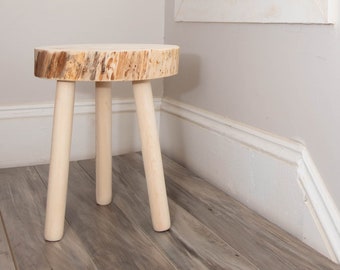 Raw Natural Stump Top Tripod Stool. Recycled wooden tripod stool purely natural