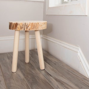 Raw Natural Stump Top Tripod Stool. Recycled wooden tripod stool purely natural