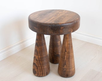 Straight legged, thick, club leg stool. Reclaimed wooden tripod large club legged table