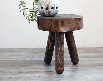 Stump top mushroom stool. Reclaimed wooden stumpy top tripod stool