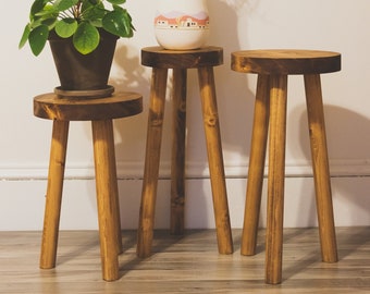 Bohemian Variable Top Brown Tripod Stool. Small to Large Top Rustic-styled Tripod Plant Stand