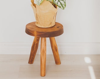 Round top Tripod Wooden Stool. Reclaimed wooden tripod stool