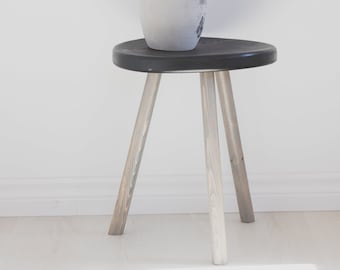 Black and grey large top tripod stool. Reclaimed wooden large top plant stand