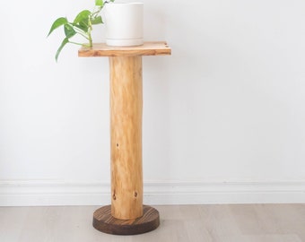 Reclaimed wooden tree post pedestal stand. Recycled lobster trap wood and real tree base pedestal plant stand.