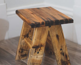 Mixed wooden top plant stand made from recycled lobster trap wood. Reclaimed wooden plant stand