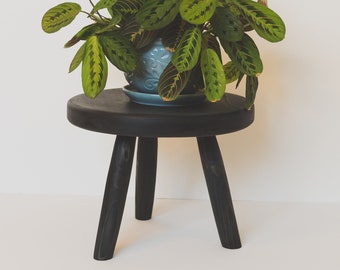 Stubby Tripod Thick Round-top Stool. Repurposed Handmade Wooden Tripod Plant Stand