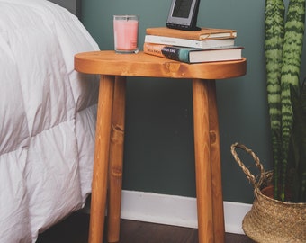 Modern Oval Top Nightstand. Reclaimed Handcrafted Wooden End Table or Plant Stand.