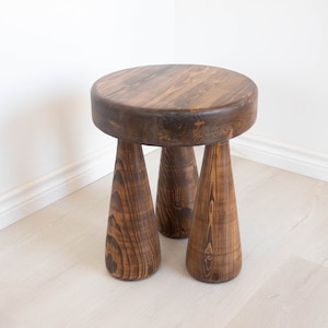 Straight legged, thick, club leg stool. Reclaimed wooden tripod large club legged table