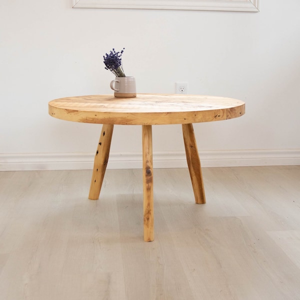 Rustic large recycled wooden tripod table. 30" diameter circle top farmhouse coffee table made from reclaimed wood